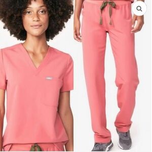 Figs - Beat it Pink Scrub Set with Dark Green Drawstring